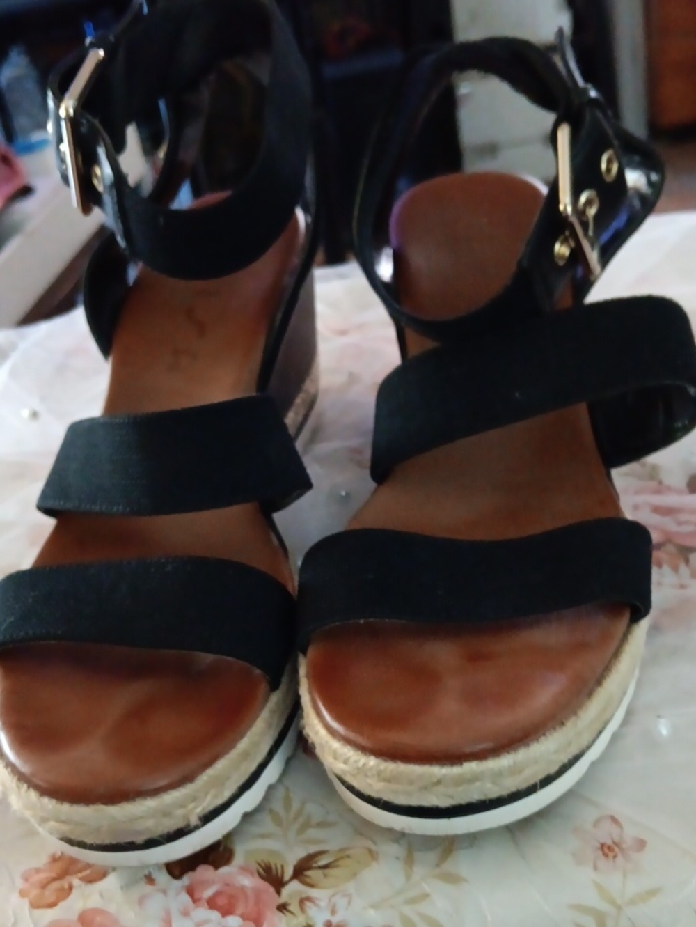 Black Espadrille Wedge Sandals with Ankle Strap